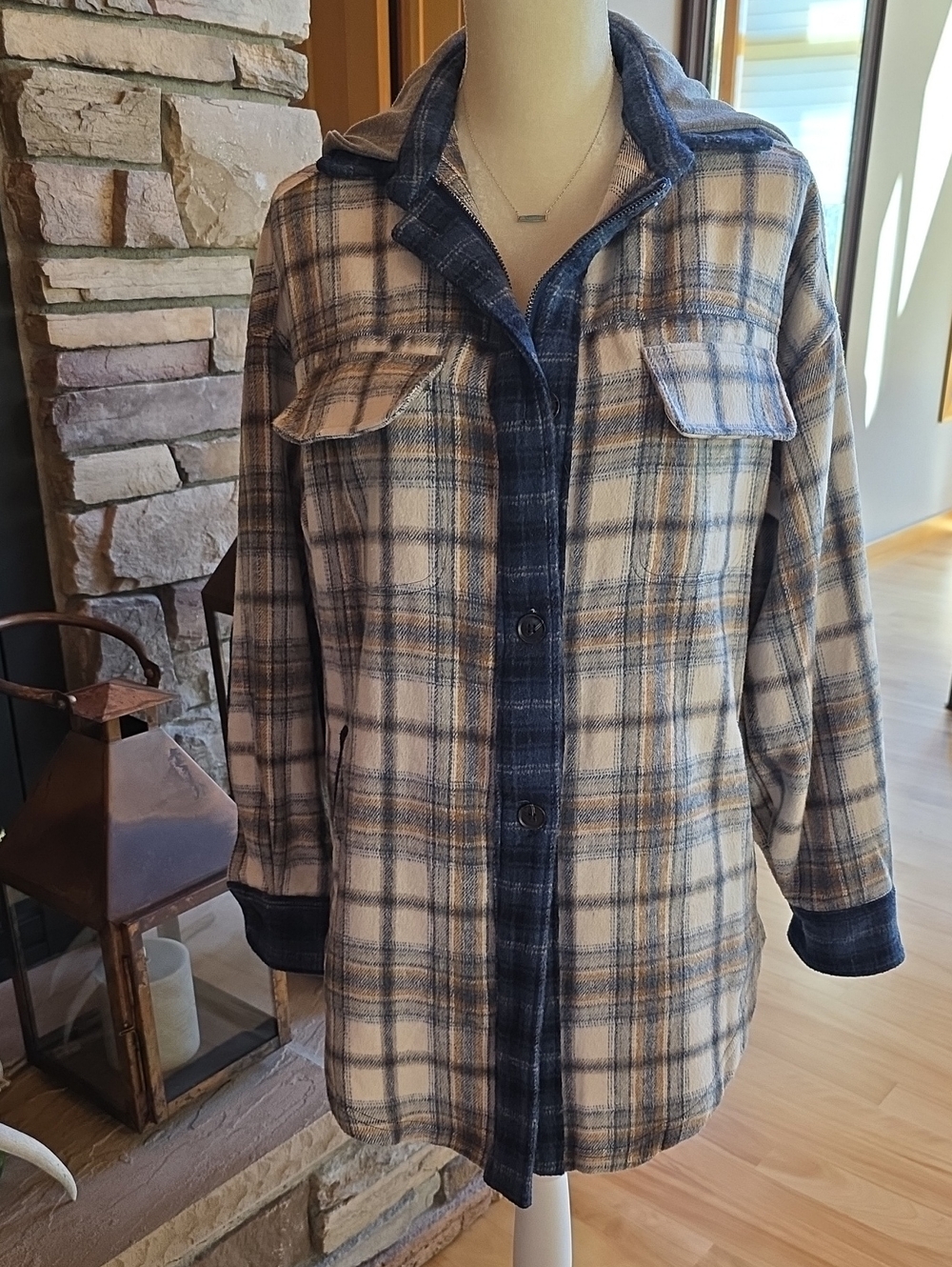 Gilded Intent Plaid Button-Front Hoodie Shacket Jacket in Cream and Blue